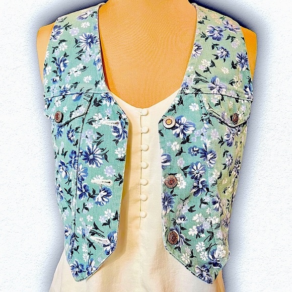 Vintage Wet Seal 90s Denim Vest, Crop, S, STEEL Jeans Floral Cottage - Picture 2 of 8